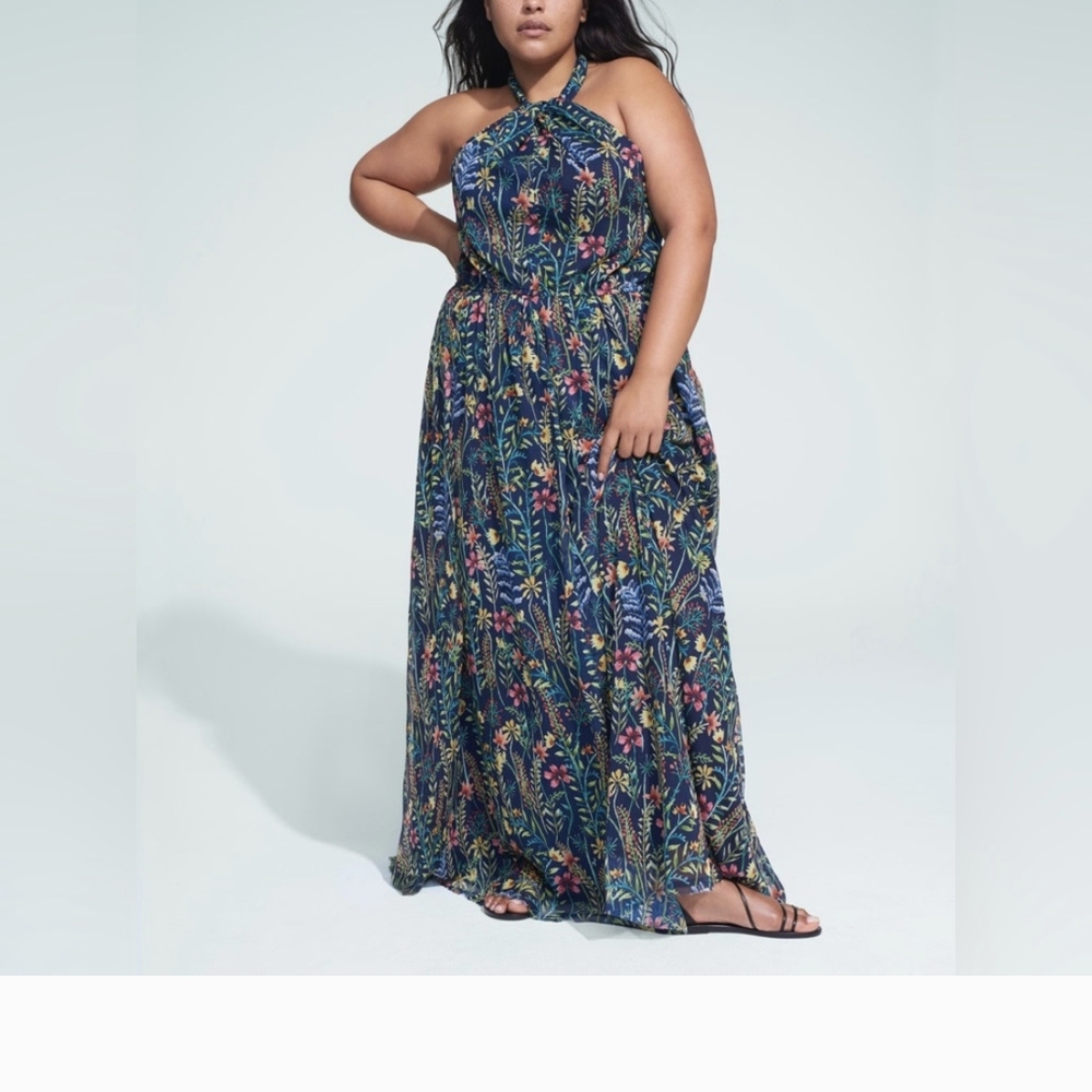 Eloquii Navy Floral Halter Maxi Dress